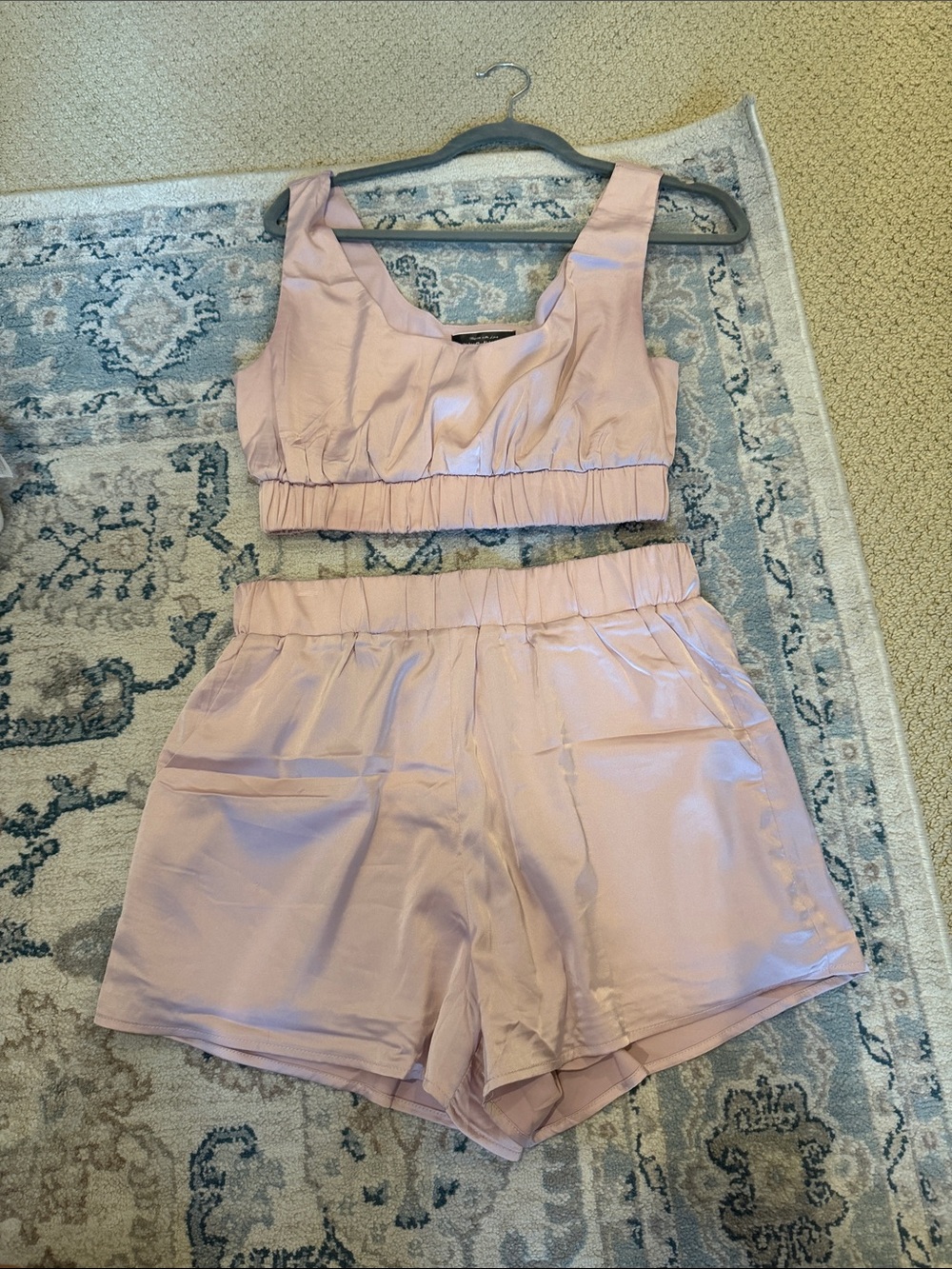 Pink Satin Two-Piece Crop Top and Shorts Set